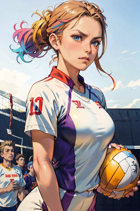 (colorful:1.3) , vivid colors, anime key visual, beefy sexy girl in volleyball uniform, Bald hair, Irritated Long flowy hairstyle, Golden Age Pores, Side lighting,  <lora:soviet-poster:0.7>