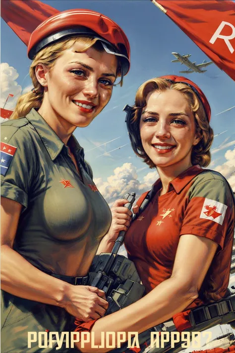 (best quality:1.2), military, blond women with flag, red t-shirt with soviet sign, soviet union, crowd, smiling, sky and cloud w...