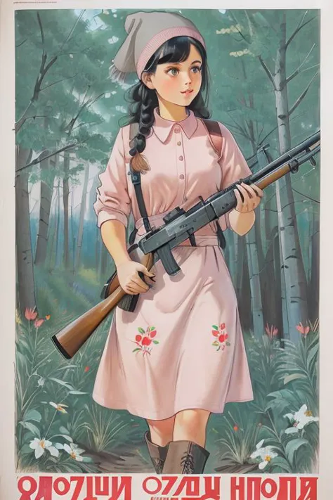 a close up of a poster with a woman holding a rifle