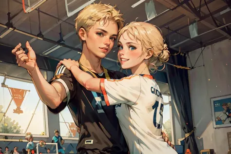 masterpiece, best quality, highest detailed, photorealism, dynamic angle, colorful, beautiful, cheerful and playful (brunette girl in soccer uniform:1.6), hugs a gentle (blond guy in casual outfit:1.6) with love, he is her fan, (looking at each other), smiling, (completely (empty) indoor gym:1.2), after training, she loves him, (dark evening), empty background, <lora:soviet-poster:0.6>