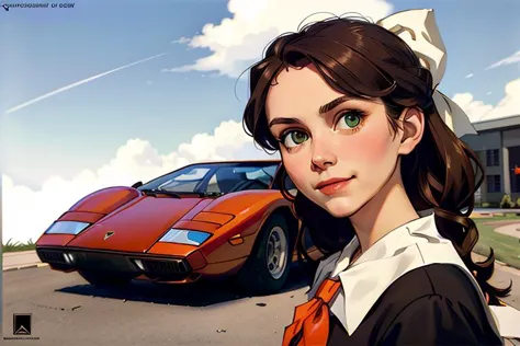 anime girl with a red car in the background