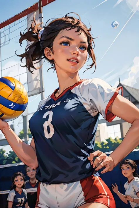 masterpiece, best quality, highest detailed, dynamic angle, colorful, beautiful, cheerful and playful girl in (volleyball) uniform T-shirt, blue eyes, one ball, outdoor volleyball court, team players, from below, (looking left:1.2), (holding one ball with both hands:1.2), <lora:soviet-poster:0.7>