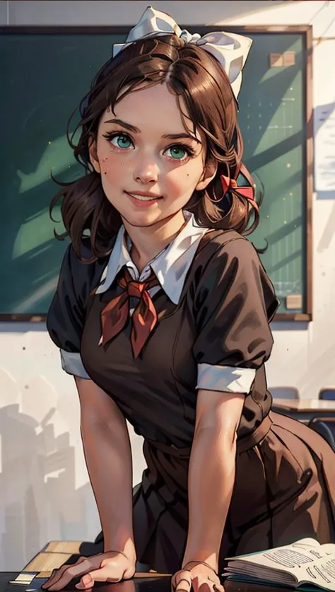 anime girl in uniform leaning on a desk with a book