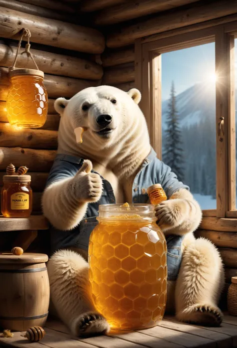 araffe bear sitting on a window sill with a jar of honey