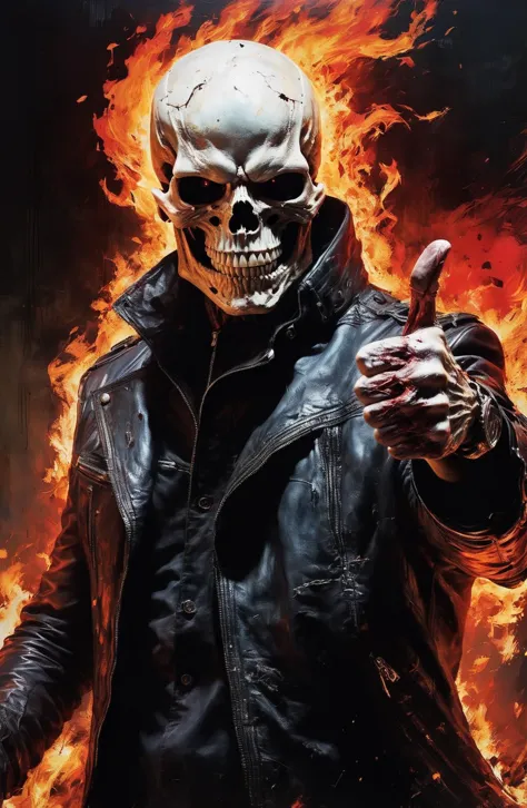 approve, single thumbs up, 💀 A ultra realistic poster of Ghostrider onfire in the red matrix, by Daniel Castan , Carne Griffiths...