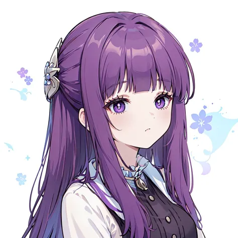 anime girl with purple hair and blue eyes wearing a school uniform