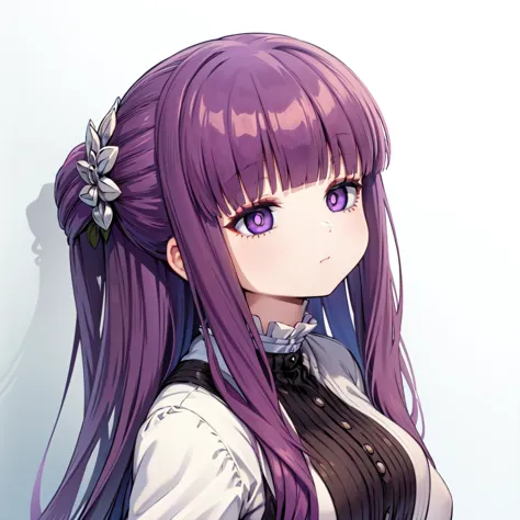 anime girl with purple hair and purple eyes wearing a black vest