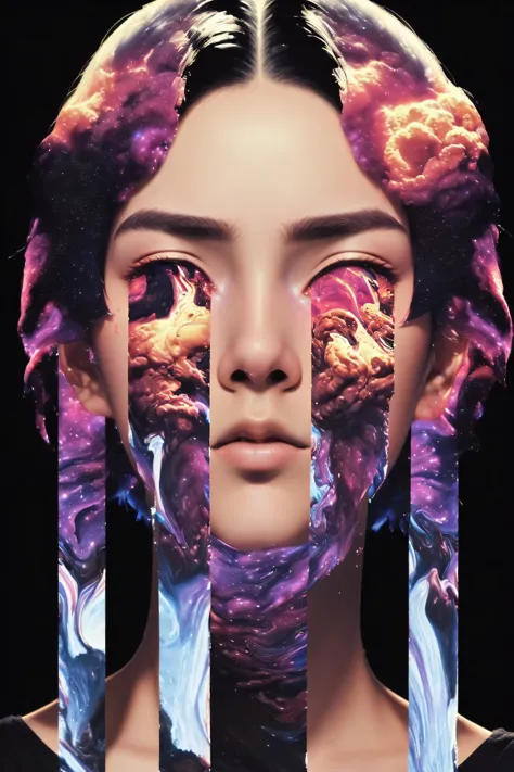 ((best quality)), ((masterpiece)), (detailed),4k, 1girl, short hair, flowing hair, detailed face, <lora:hair_with_scenery:1>, nebulae, <lora:TearsV2-lbw:1> Tears, Portrait, black background