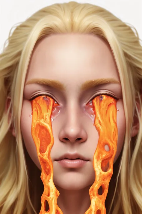 ((best quality)), ((masterpiece)), (detailed),4k, 1girl, icelandic, blonde hair, detailed face, <lora:TearsV2-lbw:0.8>, Tears,(lava), flowing lava, Portrait, white background,