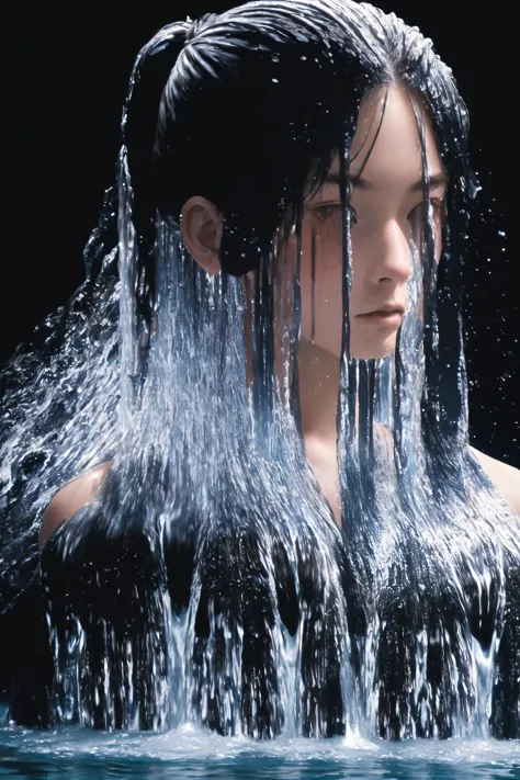 a close up of a woman with long hair in water