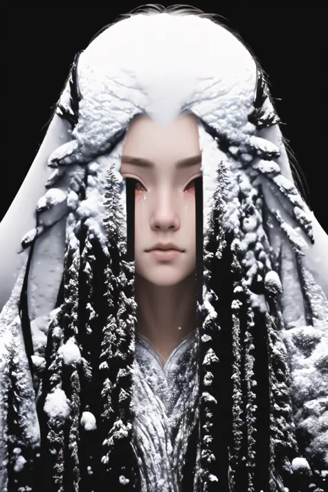 ((best quality)), ((masterpiece)), (detailed),4k, 1girl, very long hair, flowing hair, detailed face, <lora:hair_with_scenery:1>, snow, <lora:TearsV2-lbw:1> Tears, Portrait, black background