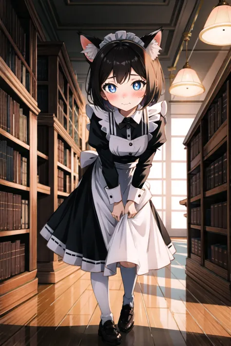 full body, (As-Young:0.2), detailed, cinematic lighting, bold, library, 1girl, shy, blush, short hair, maid uniform, cat ears, c...