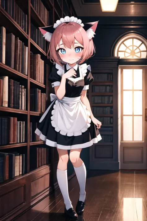 full body, (As-Young:0.2), detailed, cinematic lighting, bold, library, 1girl, shy, blush, short hair, maid uniform, cat ears, c...
