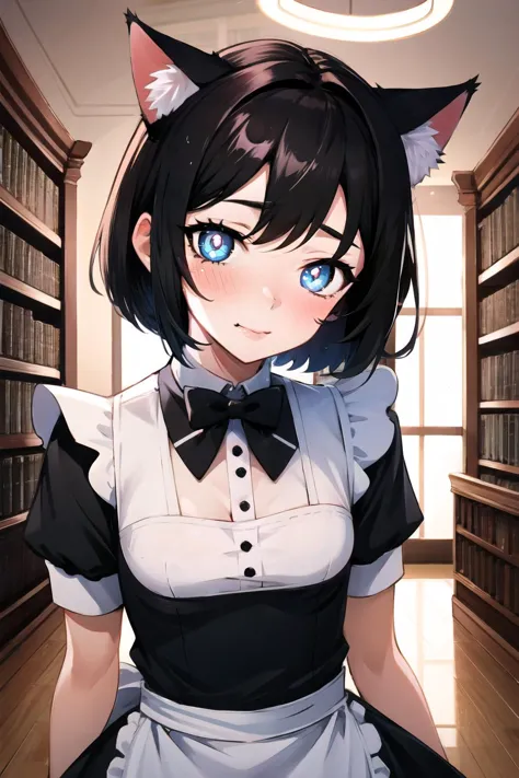 full body, (As-Young:0.4), detailed, cinematic lighting, bold, library, 1girl, shy, blush, short hair, maid uniform, cat ears, c...