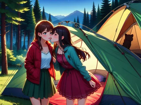 (masterpiece, best quality, detailed:1.5), multiple girls, imminent kiss, yuri,  <lora:girllikecampsite:0.8> campsite, tent, ope...