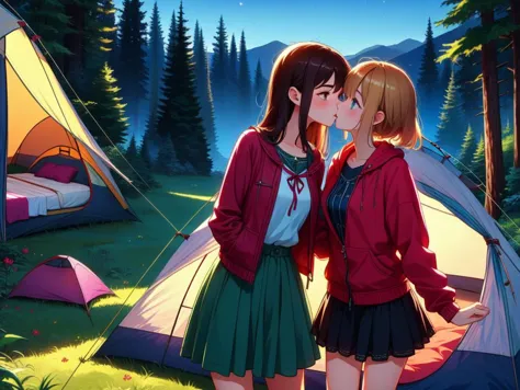 (masterpiece, best quality, detailed:1.5), multiple girls, imminent kiss, yuri,  <lora:girllikecampsite:0.8> campsite, tent, ope...