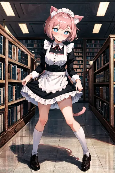 full body, (As-Young:0.4), detailed, cinematic lighting, bold, library, 1girl, shy, blush, short hair, maid uniform, cat ears, c...