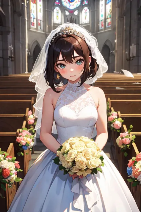 1girl, medium breasts, wedding dress, church, looking at viewer, holding bouquet,