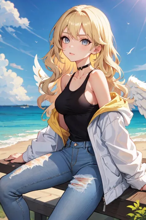 1girl, medium breasts, blonde hair, long hair, wavy hair, grey eyes, white feathered wings, angel, outdoors, white jacket, choke...