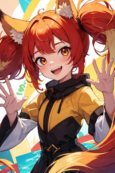 masterpiece, best quality, highres, absurdres, ultradetailed, 1girl, cute, petite, animal ears, fox ears, two-tone hair, red hair, blonde hair, twintails, long hair , happy, big smile, waving