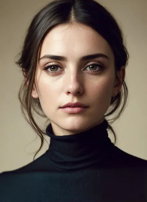 A stunning intricate full color portrait of (sks woman:1), wearing a black turtleneck, epic character composition, by ilya kuvshinov, alessio albi, nina masic, sharp focus, natural lighting, subsurface scattering, f2, 35mm, film grain, <lora:lora_penelope_...