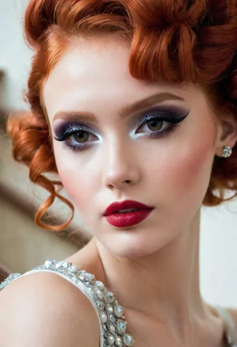 a close up of a woman with red hair and a red lipstick