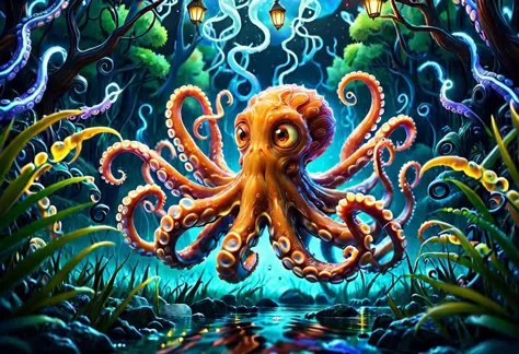 a colorful slimey glowing octopus, nature, forest, outdoors, tree, walking, water, at night, bright sky <lora:ral-elctryzt:1> ra...