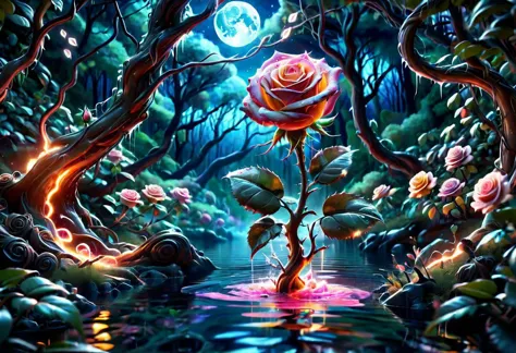 a colorful slimey glowing rose, nature, forest, outdoors, tree, walking, water, at night, bright sky <lora:ral-elctryzt:1> ral-elctryzt