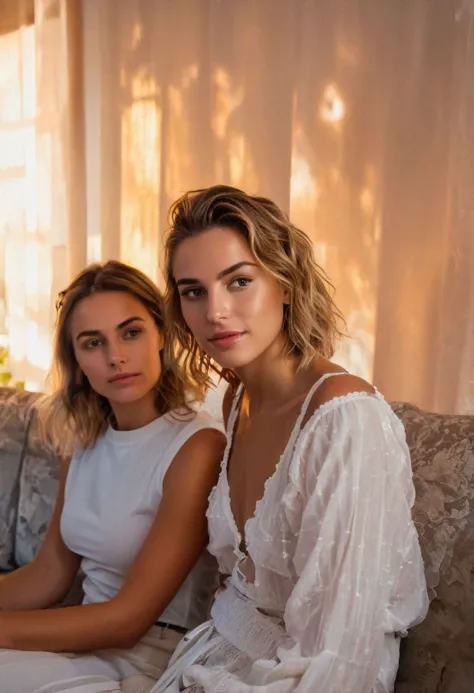 two women sitting on a couch in a living room