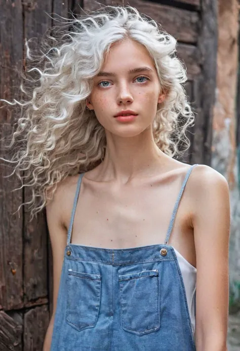 a woman with blonde hair and blue overalls posing in front of a wooden door