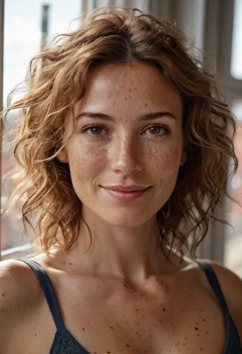 a close up of a woman with freckles on her face