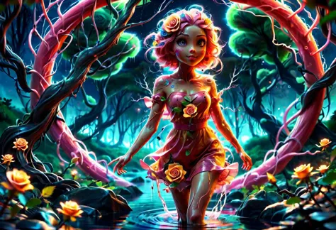 a colorful slimey glowing rose girl, nature, forest, outdoors, tree, walking, water, at night, bright sky <lora:ral-elctryzt:1> ...