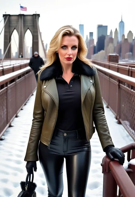 (((candid perspective from knees up: 1.3))), (with detailed face: 1.3), buxom blonde woman, on snowy Brooklyn bridge, (wearing A sensuous  tight black leather pants paired with a olive leather jacket with a fur beige collar, offering a touch of allure while embracing the simplicity of an impoverished setting: 1.3), looking down, teasing,(realistic, photo-realistic:1.4), (horny facial expression:1.2), (silicone fake 34DD breasts: 1.5), textured skin, natural skin, Porta 160 color, shot on ARRI ALEXA 65, bokeh, sharp focus on upper body, Award - winning, soft cinematic light, adobe lightroom, photolab, intricate, highly detailed, sharp focus, (cinematic look: 1.2), insane details, intricate details, hyperdetailed, low contrast, soft cinematic light, low contrast, sfw, (lips closed: 1.2)