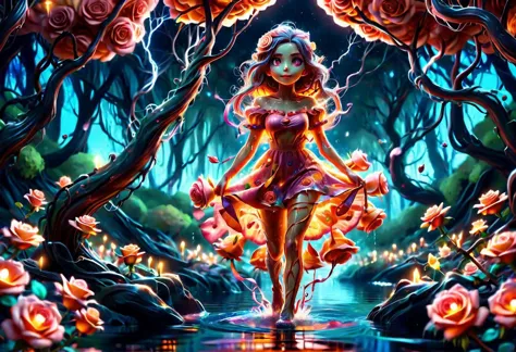 a colorful slimey glowing rose girl, nature, forest, outdoors, tree, walking, water, at night, bright sky <lora:ral-elctryzt:1> ...