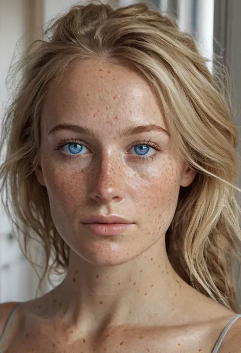 a close up of a woman with freckles on her face