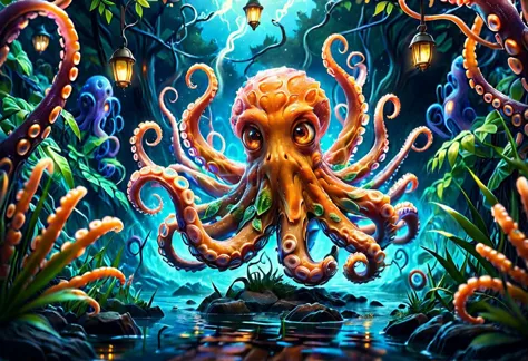 a colorful slimey glowing octopus, nature, forest, outdoors, tree, walking, water, at night, bright sky <lora:ral-elctryzt:1> ra...