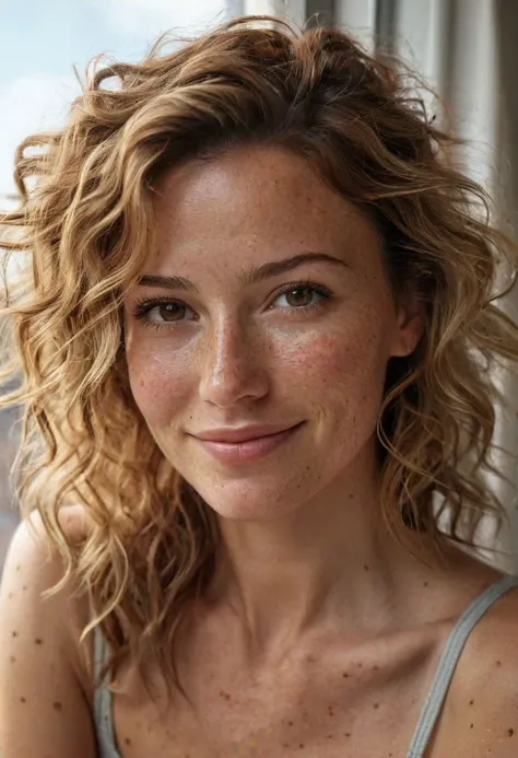 a close up of a woman with freckles and a tank top