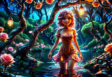 a colorful slimey glowing rose girl, nature, forest, outdoors, tree, walking, water, at night, bright sky <lora:ral-elctryzt:1> ...