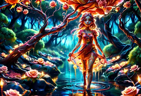 a colorful slimey glowing rose girl, nature, forest, outdoors, tree, walking, water, at night, bright sky ral-elctryzt