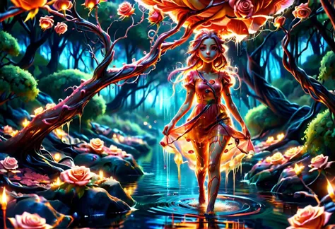 a colorful slimey glowing rose girl, nature, forest, outdoors, tree, walking, water, at night, bright sky <lora:ral-elctryzt:1> ...