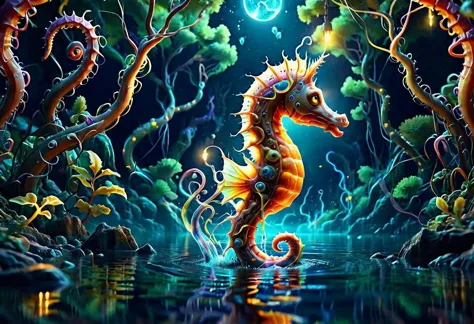 painting of a seahorse in a forest with a full moon