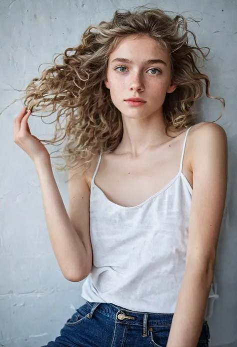 flash photo of a youthful girl,((( tack focus on eyes)))very skinny, fair skin , white hair , freckles ,(((back to camera))),pos...