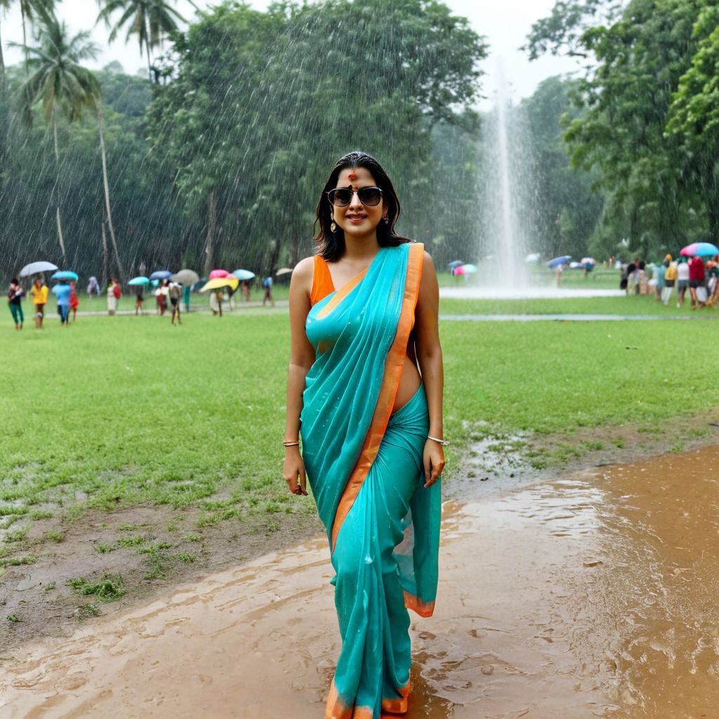 Woman in a blue sari walking in the rain with an umbrella - SeaArt AI