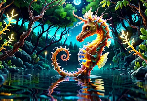 a colorful slimey glowing seahorse, nature, forest, outdoors, tree, walking, water, at night, bright sky <lora:ral-elctryzt:1> r...