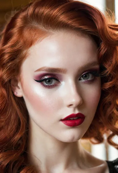 a close up of a woman with red hair and a red lipstick