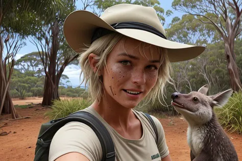 woman in a hat and backpack taking a selfie with a kangaroo