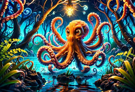 a colorful slimey glowing octopus, nature, forest, outdoors, tree, walking, water, at night, bright sky <lora:ral-elctryzt:1> ra...