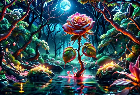 a colorful slimey glowing rose, nature, forest, outdoors, tree, walking, water, at night, bright sky <lora:ral-elctryzt:1> ral-elctryzt