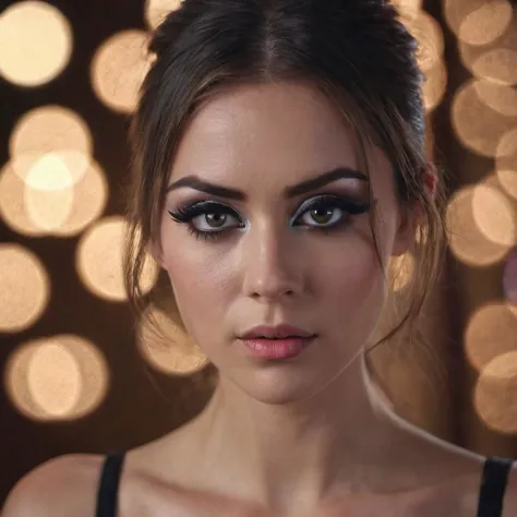 a close up of a woman with a black top and a black dress