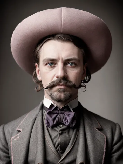 a close up of a man with a hat and a mustache